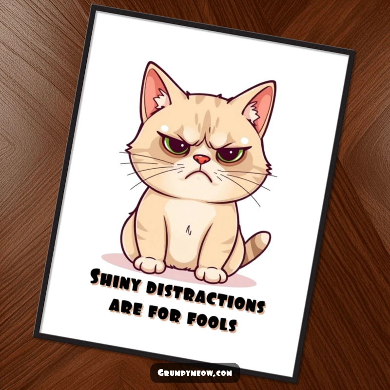 Funny Free Printable Wall Art of a grumpy cat gazing unimpressed at a bright, shiny object, adding sarcastic flair.