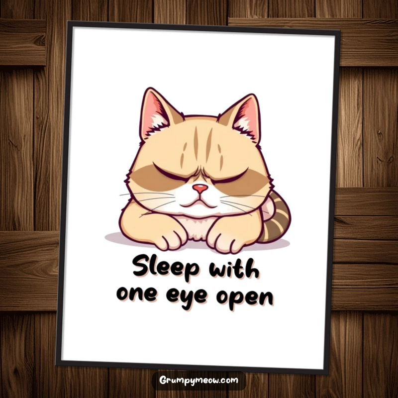 Funny free printable wall art: a grumpy cat pretending to sleep but secretly watching, ideal for room decor.