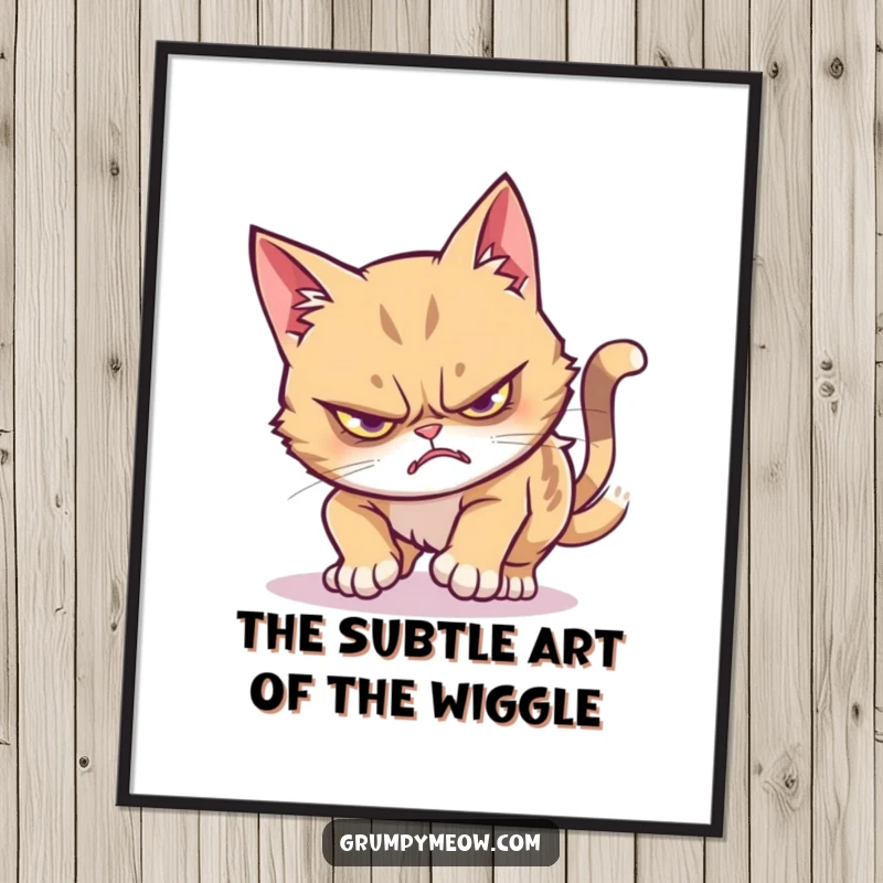 Funny Free Printable Wall Art of a grumpy cat executing a stealthy wiggle pounce, adding humor to any space.