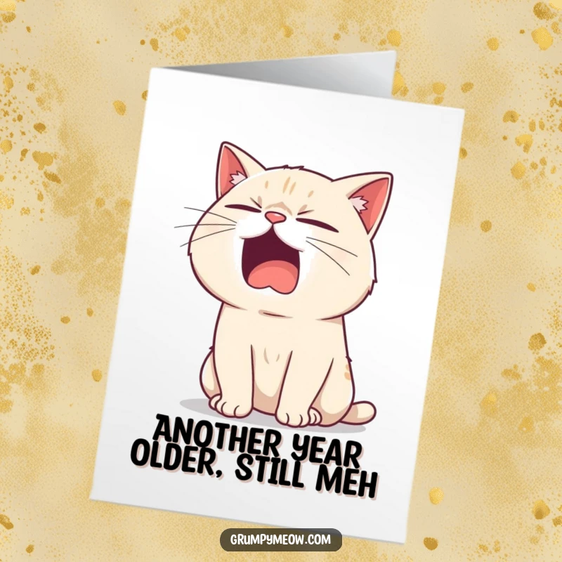 Funny Free Printable Birthday Card: Bored cat yawning widely with a sarcastic twinkle, ready to wish someone a meh birthday.