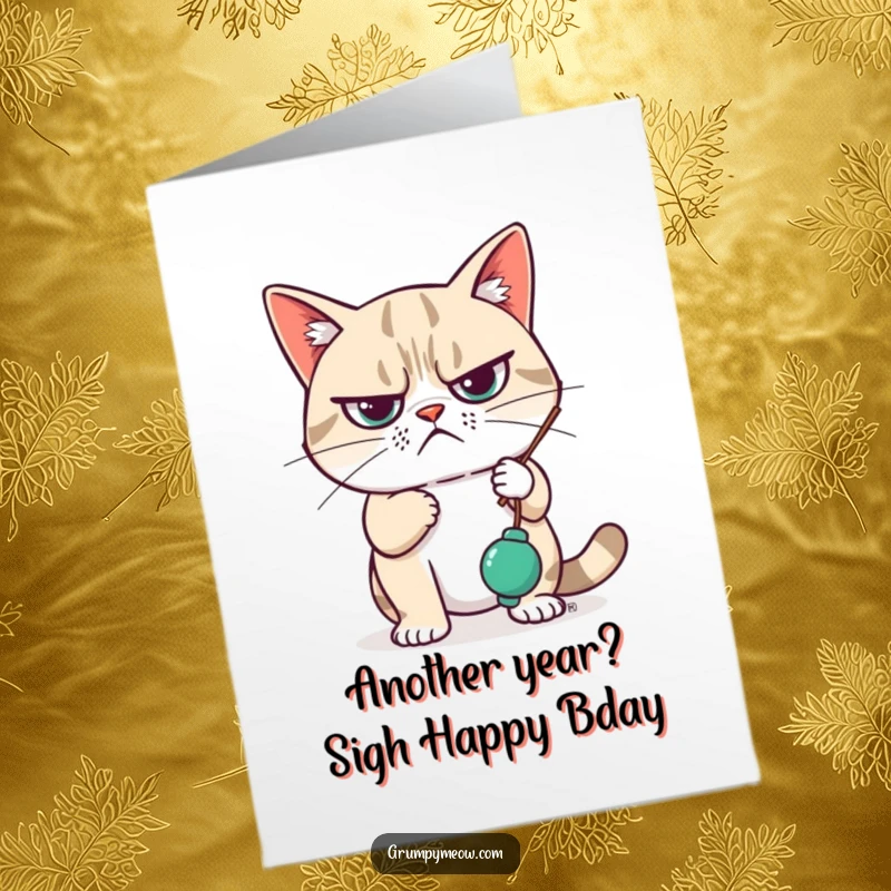 Funny Free Printable Birthday Card: Unimpressed grumpy cat lazily swatting at a dangling toy with one paw.