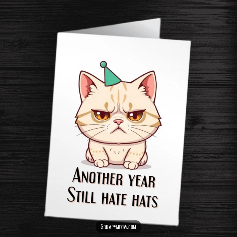 Funny Free Printable Birthday Card: A cat with a disgruntled frown wears a tiny, comically ill-fitting party hat, wishing it were elsewhere.