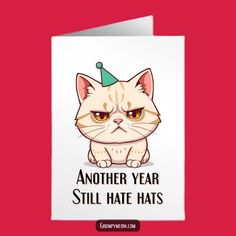 Free Printable Disgruntled Cat Birthday Card: Party Hat Fail Funny Downloadable Gift