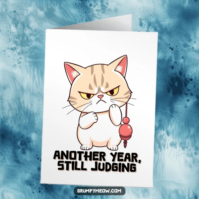 Funny Free Printable Grumpy Cat Birthday Card: Grumpy cat with narrowed eyes batting a toy with disdain, perfect for birthdays.