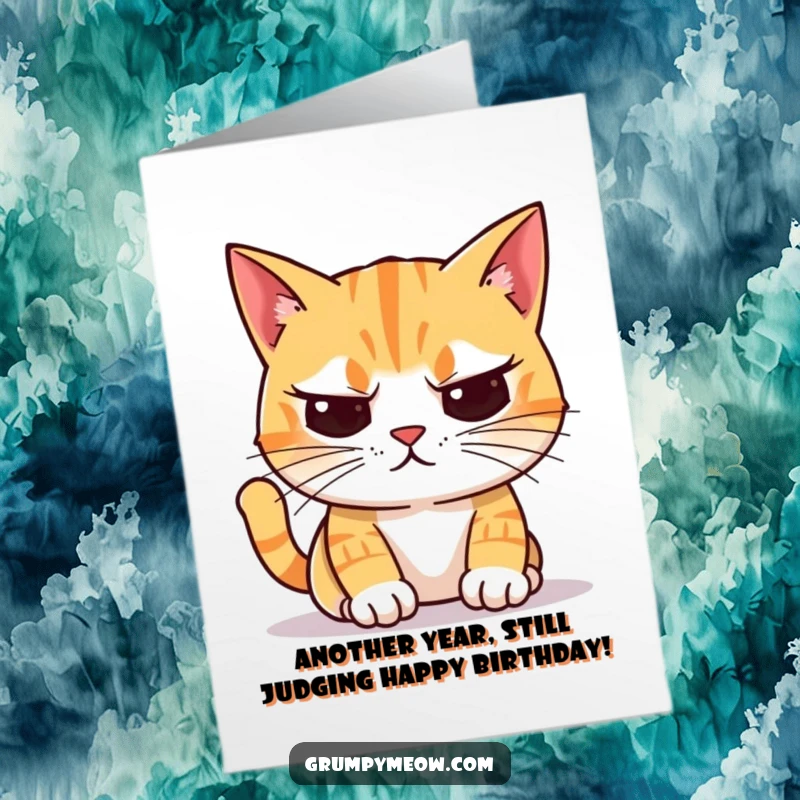 Funny Free Printable Birthday Card: A cat with crooked whiskers gives a brightly colored object a very critical look.