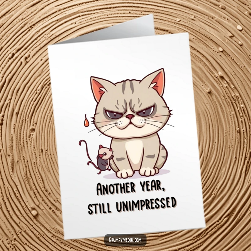 Funny Free Printable Birthday Card: A grumpy cat playfully swatting at a dangling toy mouse, adding a touch of feline fun.