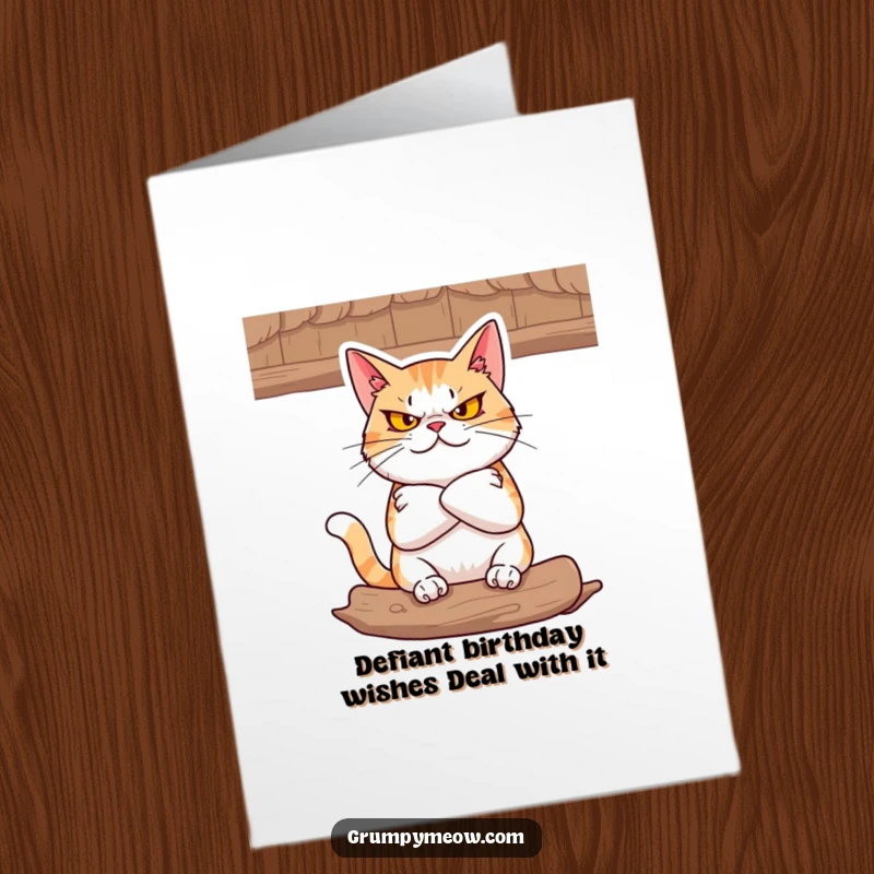 Funny Free Printable Birthday Card: A defiant cat glares with folded arms from a comfy perch.