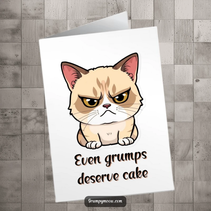 Funny Free Printable Birthday Card: Grumpy cat glaring intensely but with a subtle, tiny smile peeking out.