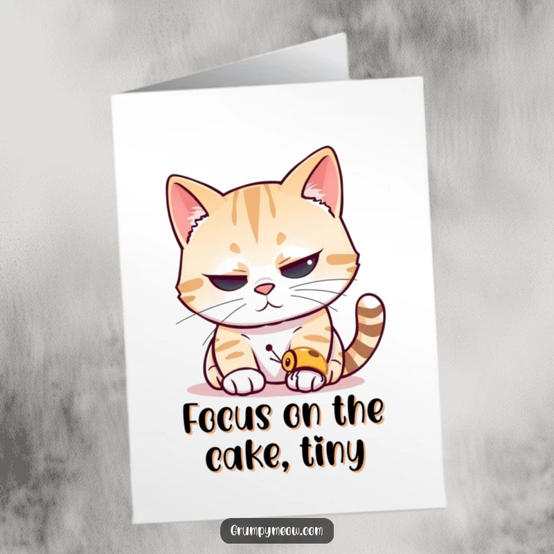 Funny Free Printable Birthday Card: Cat with narrowed eyes intensely watching a tiny insect, a humorous take on focus.