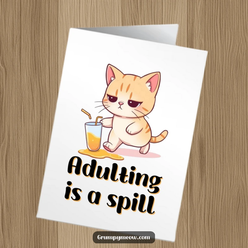 Funny Free Printable Birthday Card: Resigned cat walks away from a spilled drink, capturing humorous acceptance of minor disasters.
