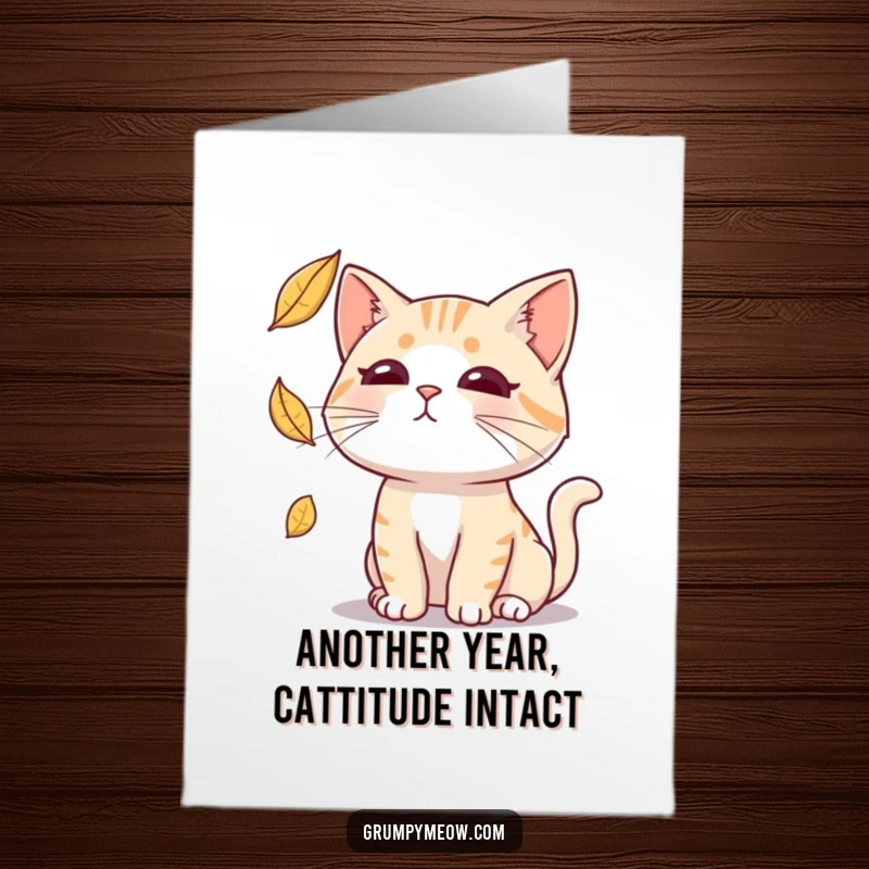 Funny Free Printable Birthday Card: A cat with a completely deadpan expression intently tries to catch a falling leaf.