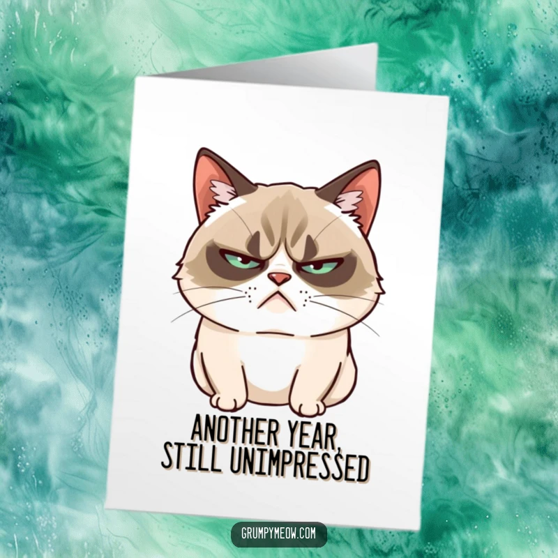Funny Free Printable Birthday Card: A grumpy cat gives a slow, unimpressed blink, perfect for reluctant birthday wishes.