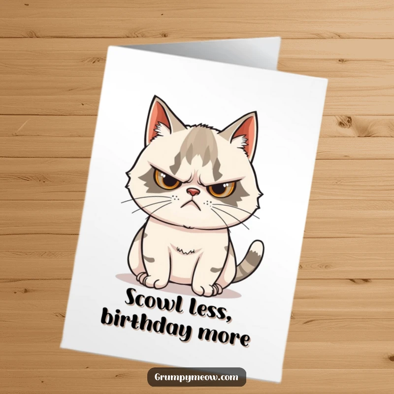 Funny Free Printable Birthday Card: A grumpy cat scowls, but its tail twitches with undeniable curiosity.