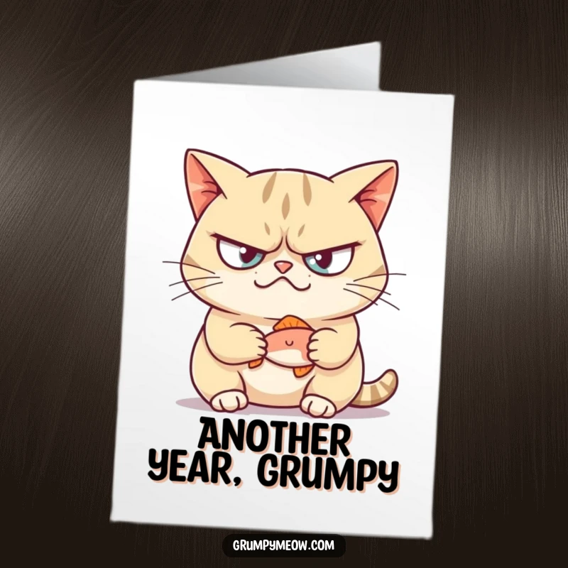 Funny free printable birthday card featuring a grumpy cat with a mischievous smirk, proudly holding a tiny, caught fish.