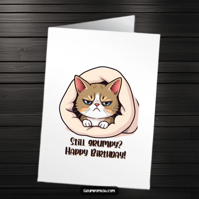 Funny Free Printable Birthday Card: A grumpy cat with a distinct frown peeking out from under a cozy blanket, unimpressed.
