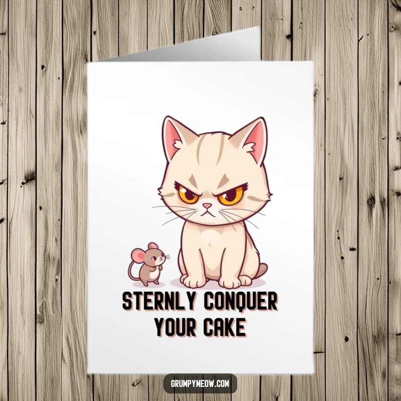 Funny Free Printable Birthday Card: Stern-faced cat playfully batting a small toy mouse, a humorous depiction of focused play.