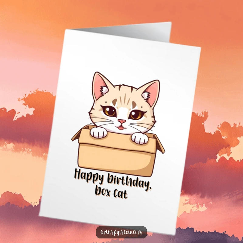 Funny Free Printable Birthday Card: a cat with furrowed brows peeks out from a cardboard box. Mysterious downloadable gift.