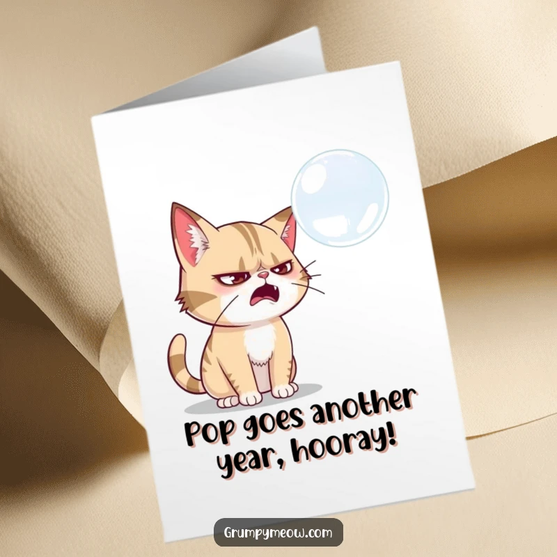 Funny Free Printable Birthday Card: Grumpy cat lunges with a paw towards a shimmering soap bubble.