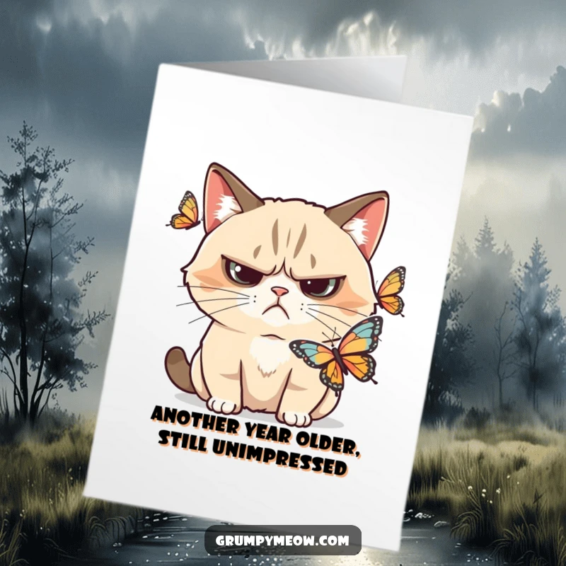 Funny Free Printable Birthday Card: Grumpy cat with a skeptical frown stares intently at a fluttering butterfly.