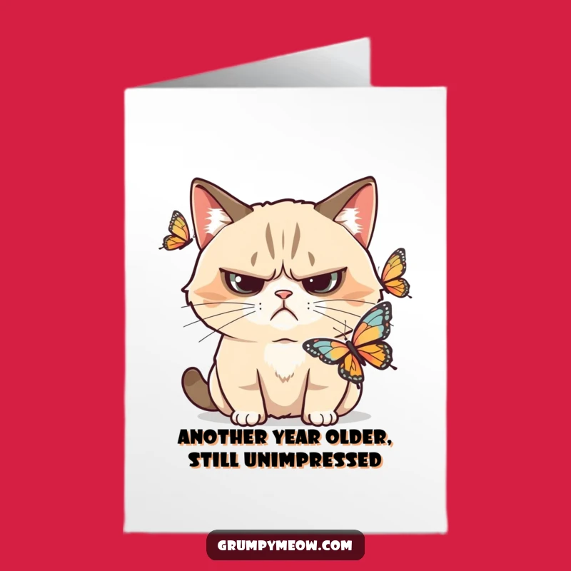 Free Printable Funny Birthday Card: Grumpy Cat Butterfly Skeptic Greeting