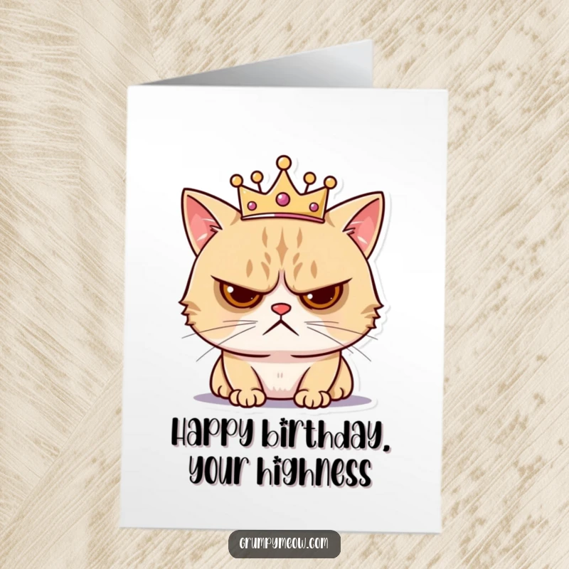 Funny Free Printable Birthday Card: Grumpy cat wearing a tiny crown, looking visibly annoyed at the birthday festivities.
