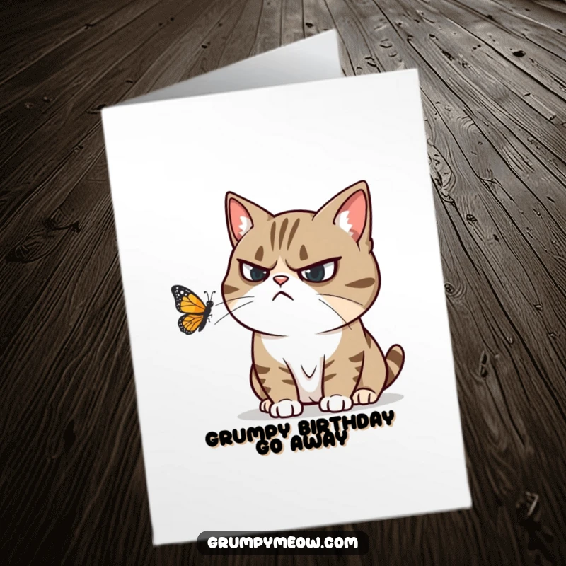 Funny Free Printable Birthday Card: Grumpy cat attempts to ignore a cheerful, fluttering butterfly, failing miserably.