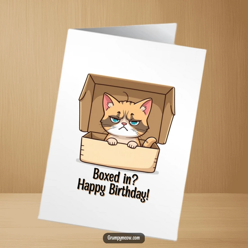 Funny Free Printable Birthday Card: Grumpy cat intensely staring from a cardboard box, whiskers twitching with mild interest.
