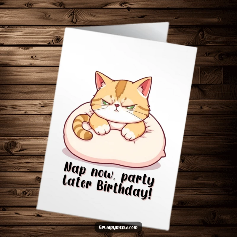 Funny Free Printable Birthday Card featuring a scowling cat napping on a pillow with one twitching ear.