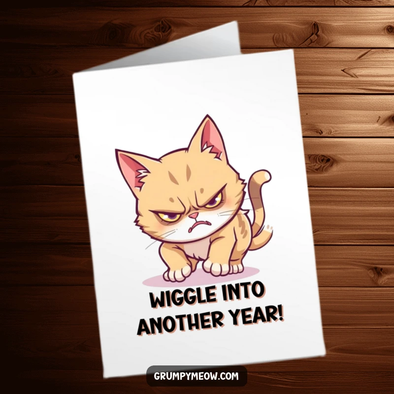 Funny Free Printable Birthday Card featuring a grumpy cat mid-wiggle after a failed stealthy pounce, ready to celebrate.
