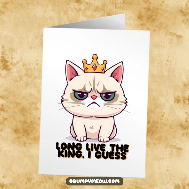 Funny Free Printable Birthday Card: A grumpy cat wearing a tiny crown with a resigned sigh, expressing reluctant birthday wishes.