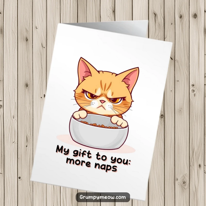 Funny Free Printable Birthday Card: A grumpy cat stares skeptically at an empty food bowl, judging your life choices.