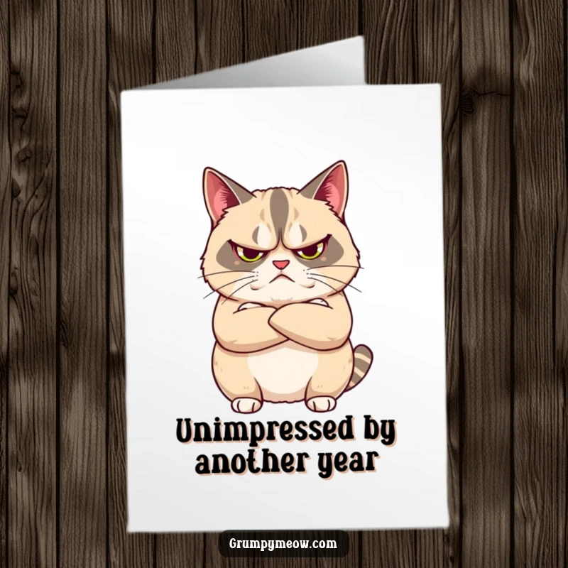 Funny Free Printable Birthday Card: Grumpy cat standing with arms crossed, looking completely unimpressed by the celebration.
