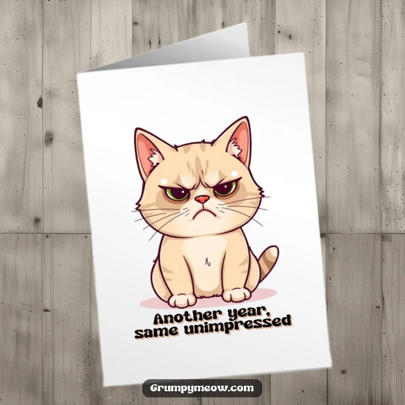 Funny Free Printable Birthday Card: Grumpy cat stares blankly at a shiny object, embodying pure unimpressed birthday vibes.