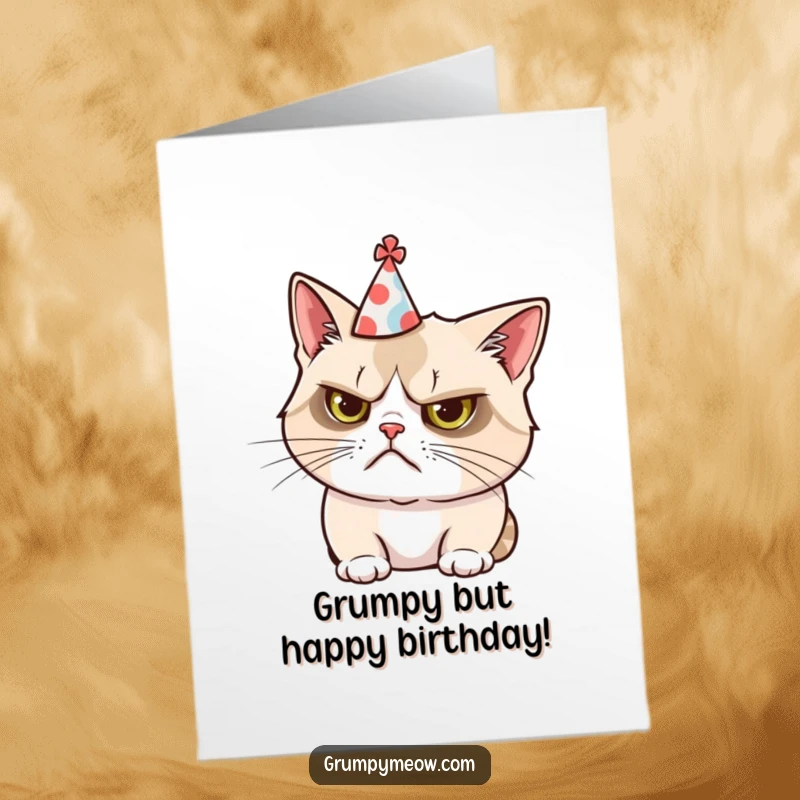Funny Free Printable Birthday Card: Grumpy cat comically wearing a tiny party hat askew, a hilarious DIY gift.