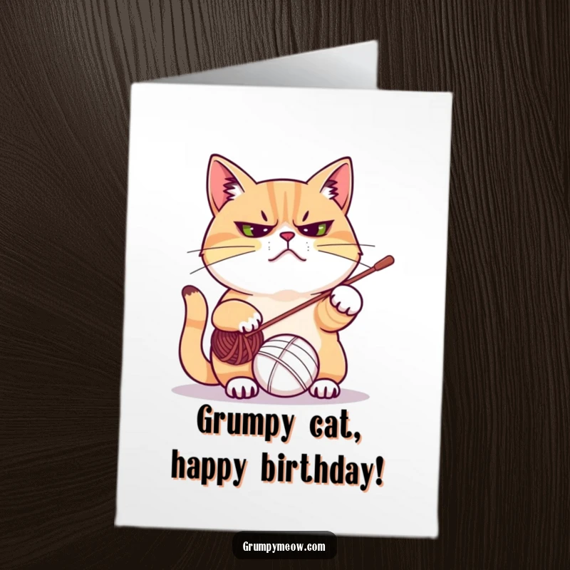 Funny Free Printable Birthday Card featuring a perpetually frowning cat playfully swatting a colorful yarn ball, ready to celebrate with sass.