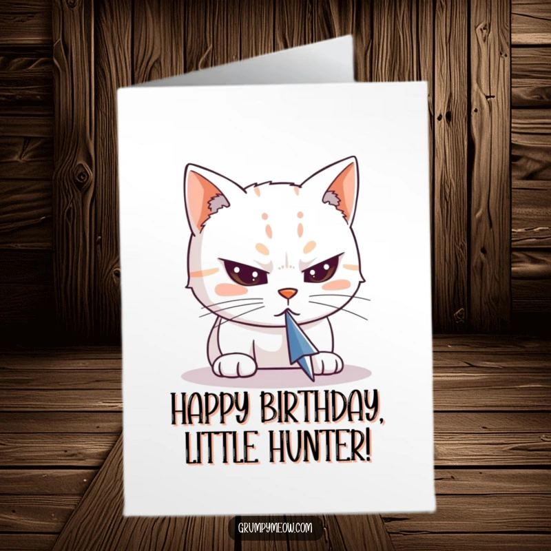 Funny Free Printable Birthday Card depicting a cat with narrowed eyes, laser-focused on a computer cursor, ready for a celebratory chase.