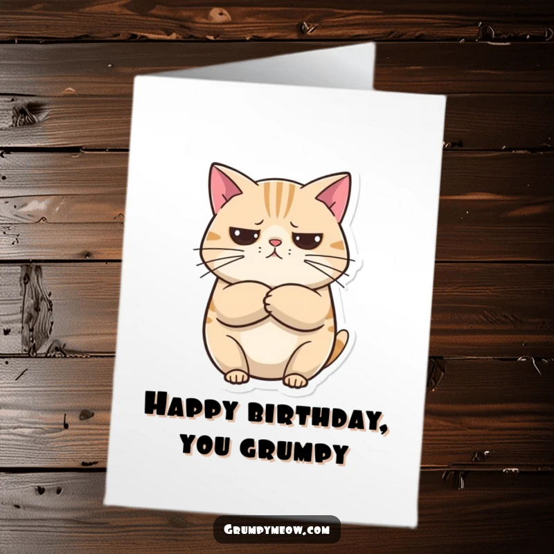 Funny Free Printable Birthday Card featuring a round cat with arms crossed, looking unimpressed yet curious. Sarcastic downloadable gift.