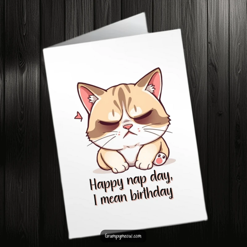 Funny Free Printable Birthday Card: A grumpy cat tries to nap but is playfully disturbed, looking utterly annoyed.