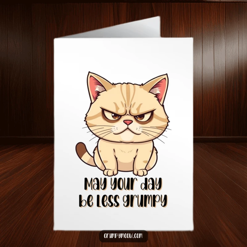 Funny Free Printable Birthday Card: Grumpy cat sits with narrowed eyes, clearly plotting a hilarious birthday prank.
