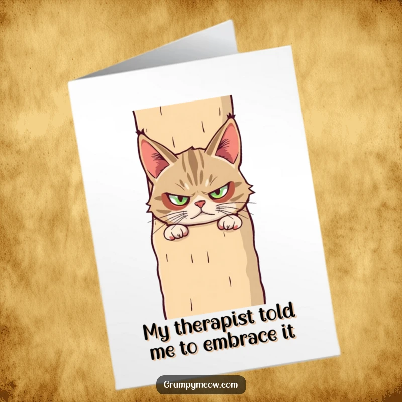 Funny Free Printable Birthday Card: Grumpy Cat peeks suspiciously behind a giant scratching post, offering a dose of feline disapproval.