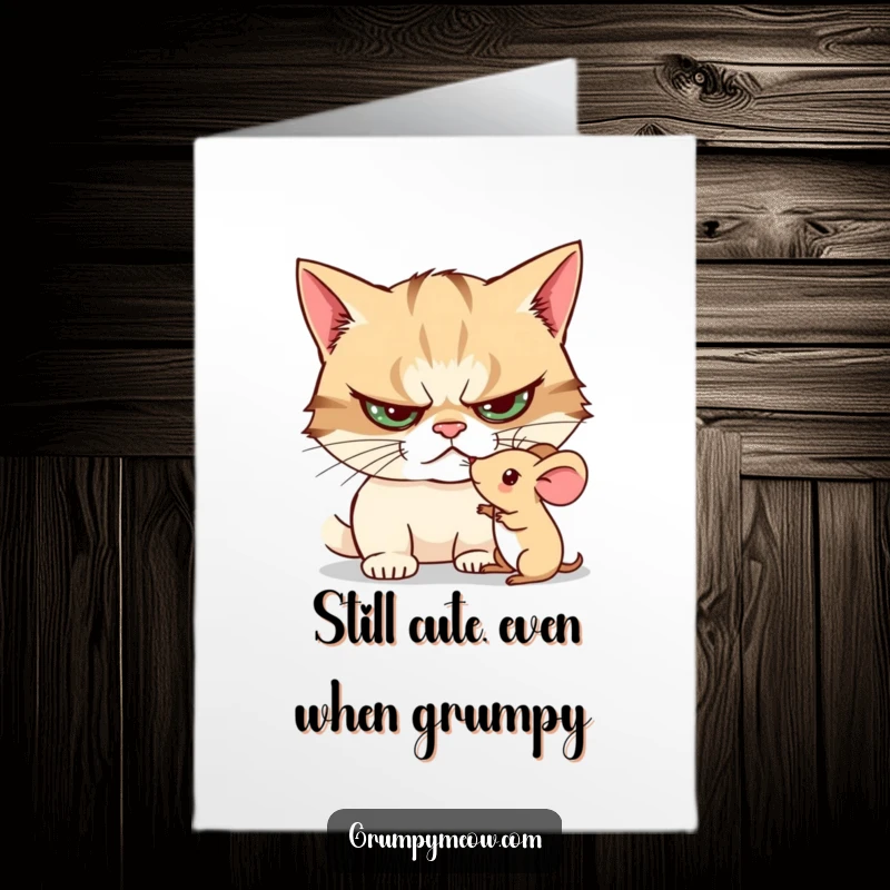 Funny Free Printable Birthday Card: Grumpy cat pokes a terrified toy mouse with a curious, mischievous expression.