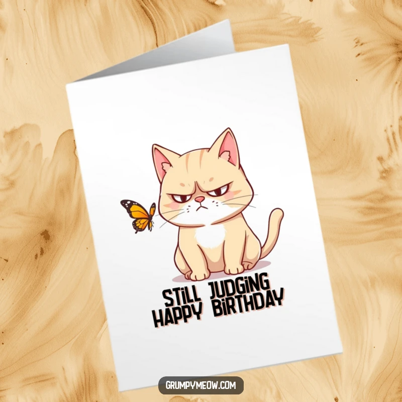 Funny free printable birthday card featuring a grumpy cat narrowing its eyes at a butterfly, perfect for cat dads.