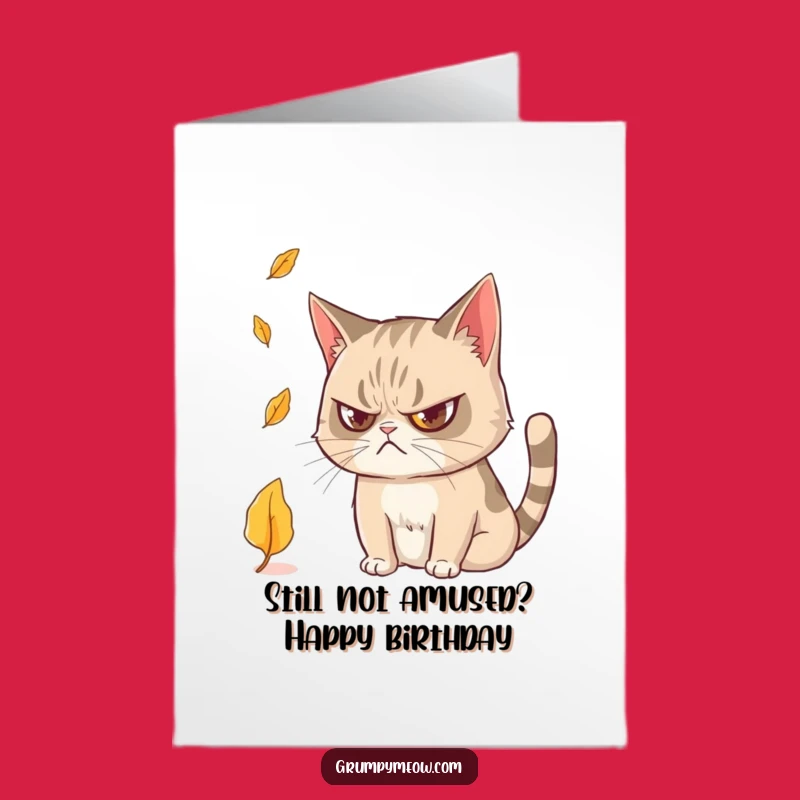 Free Printable Birthday Card: Grumpy Cat Intrigued by Falling Leaf