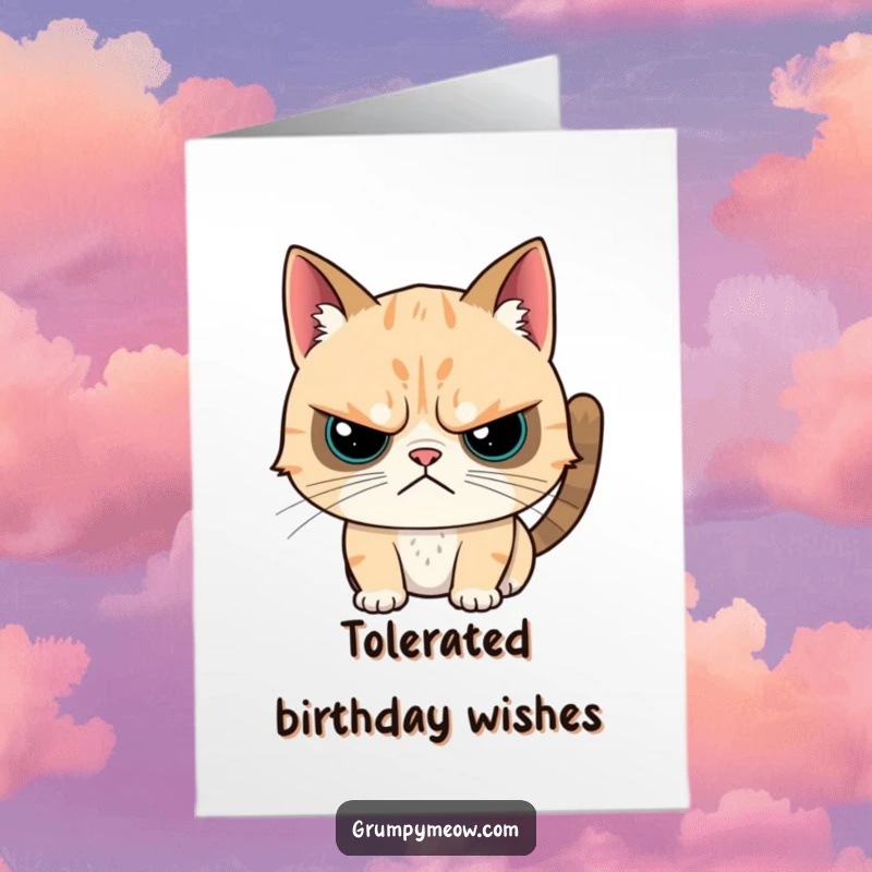 Funny free printable birthday card: grumpy cat tolerating a head scratch with a visible twitch, great for cat dads.
