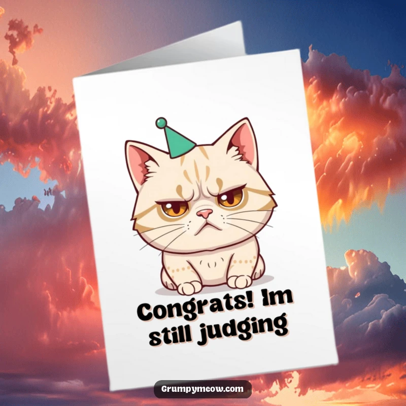 Funny Free Printable Congrats Card: A cat with a disgruntled frown wears a tiny, ill-fitting party hat, looking utterly unimpressed by your success.