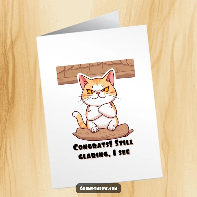 Funny Free Printable Congratulations Card: A cat with folded arms stares defiantly from its cozy spot.