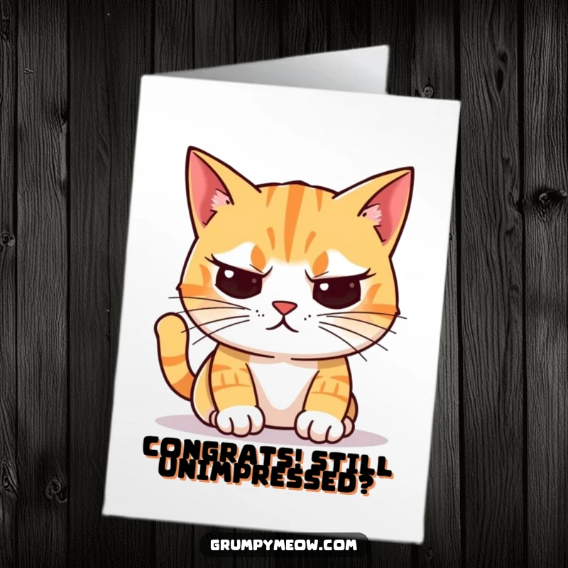 Funny Free Printable Congratulations Card: A cat with crooked whiskers looks unimpressed by something colorful.