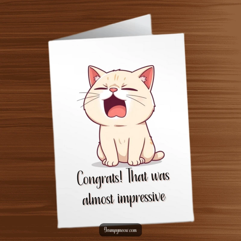 Funny Free Printable Congratulations Card: Sarcastic yawning cat offers a lukewarm congratulations, still unimpressed but technically acknowledging success.