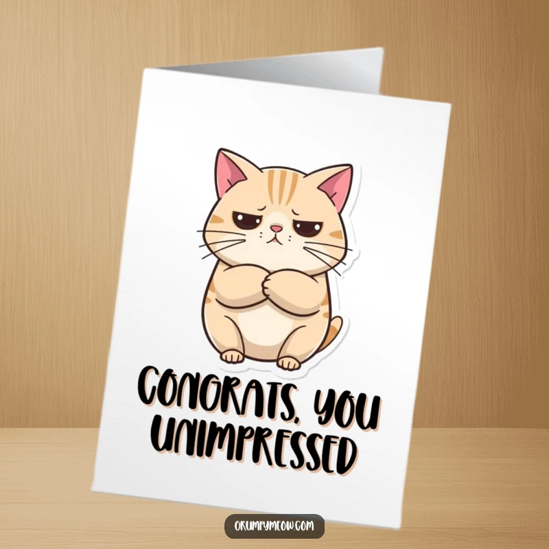 Funny Free Printable Congratulations Card of a round cat with crossed arms, appearing unimpressed but intrigued. Sarcastic downloadable gift.