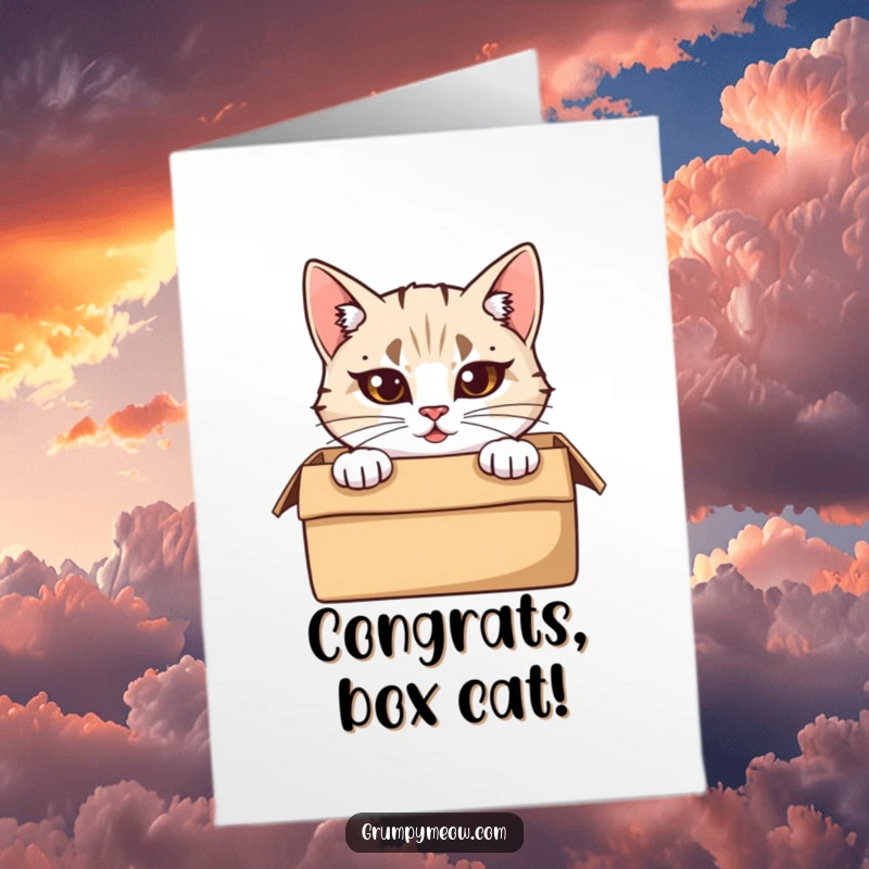 Funny Free Printable Congratulations Card: a cat with furrowed brows peeks from its cardboard box. Curious downloadable gift.